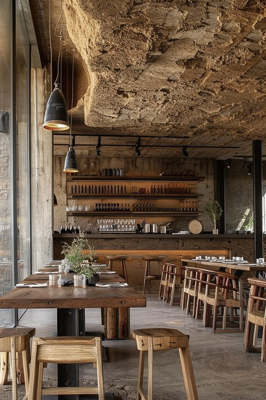 The scene is set in a rustic and stylish restaurant with a natural rocky ceiling. There's a row of wooden tables lined up neatly, accompanied by matching chairs with a simple, sturdy design. Overhead, pendant lights with a dark finish are suspended from the rocky ceiling, casting a warm glow on the dining area. Along one wall, there is a shelf stocked with an array of bottles and glasses, adding to the ambiance of this cozy eatery. The wall itself exhibits an industrial aesthetic with exposed concrete, complementing the earthy tones and textures of the space. Rustic restaurant interior with wooden tables and an exposed rocky ceiling.