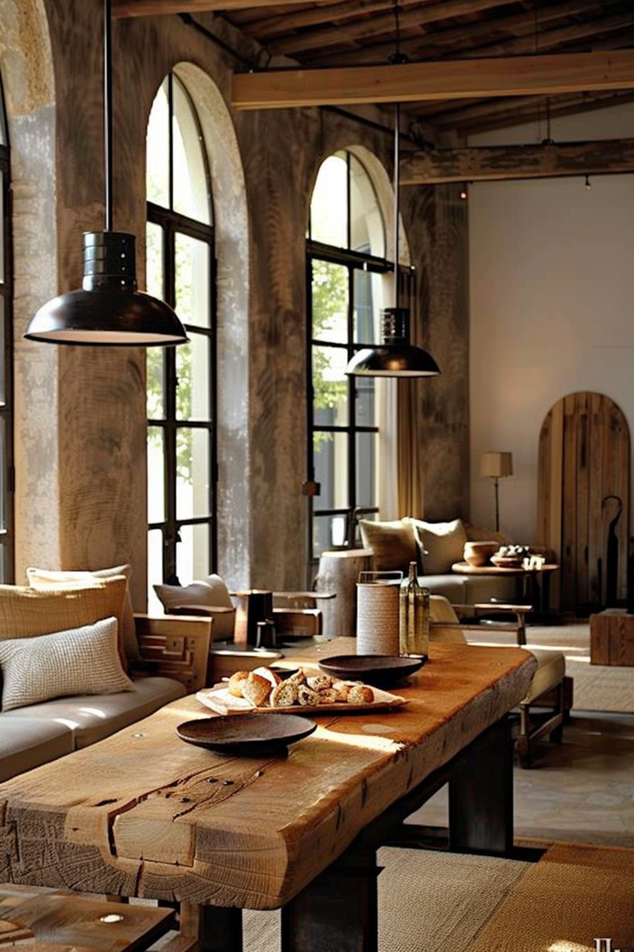 The scene is set in a rustic interior with a warm ambiance. A solid, heavy wooden dining table dominates the foreground, adorned with a platter of bread and a couple of dark-shaded ceramic plates. Overhead, large industrial-style pendant lights hang, bathing the space in a soft glow. Arched windows with metal frames reveal the thickness of the exposed stone walls, adding to the room's historic charm. The furniture consists of a mix of textured fabrics and wood, emphasizing a natural, earthy palette that complements the overall aesthetic of the space. In the background, a half-open wooden door suggests entry to another room. Rustic dining room with a wooden table, bread platter, arched windows, and industrial pendant lighting.