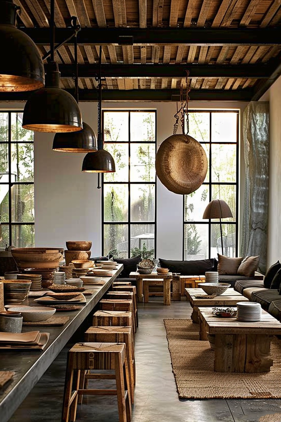 The scene is set in a rustic-style interior, possibly a store or showroom, featuring a variety of wooden furnishings and pottery. Expansive windows with a grid of black frames allow natural light to fill the space, contrasting the warmth of the wood. An assortment of handcrafted ceramic dishes, bowls, and platters is elegantly displayed on a long wooden table that runs down the center of the room. Flanking this table are wooden stools, while the periphery is adorned with cushioned benches and additional wooden chairs providing seating areas. Above, large industrial-style pendant lamps hang from the exposed beam ceiling, enhancing the room's rustic charm. The concrete floor is partially covered by woven rugs, contributing to the tactile mix of materials. Rustic interior with wooden furniture, ceramic pottery on display, and industrial lights.