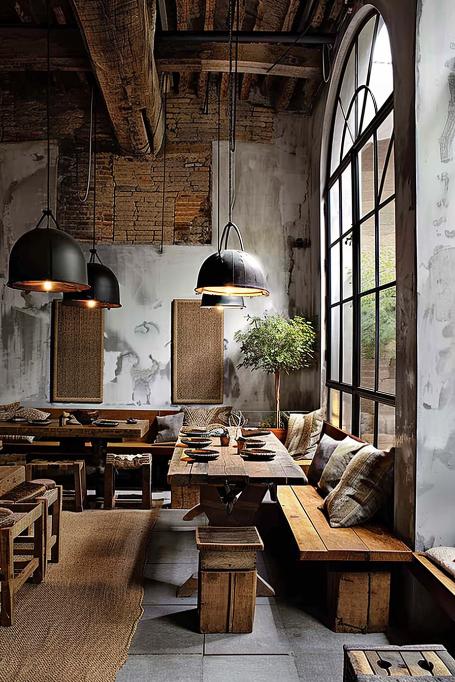 The scene presents a rustic dining room with an industrial vibe. Exposed brick walls and wooden beams give character to the space. There's a large arched window that floods the room with natural light. Hanging from the ceiling, three oversized black pendant lights cast a warm glow over the wooden dining tables which are set with plates and cutlery. The room features a mix of bench seating with comfortable pillows and standalone wooden stools. The benches are placed against the wall beneath the window, creating a cozy dining nook. The room is complemented by a textured rug underfoot and a potted tree that brings a touch of greenery to the ambiance. Rustic dining room with exposed bricks, wooden beams, large window, and black pendant lights.