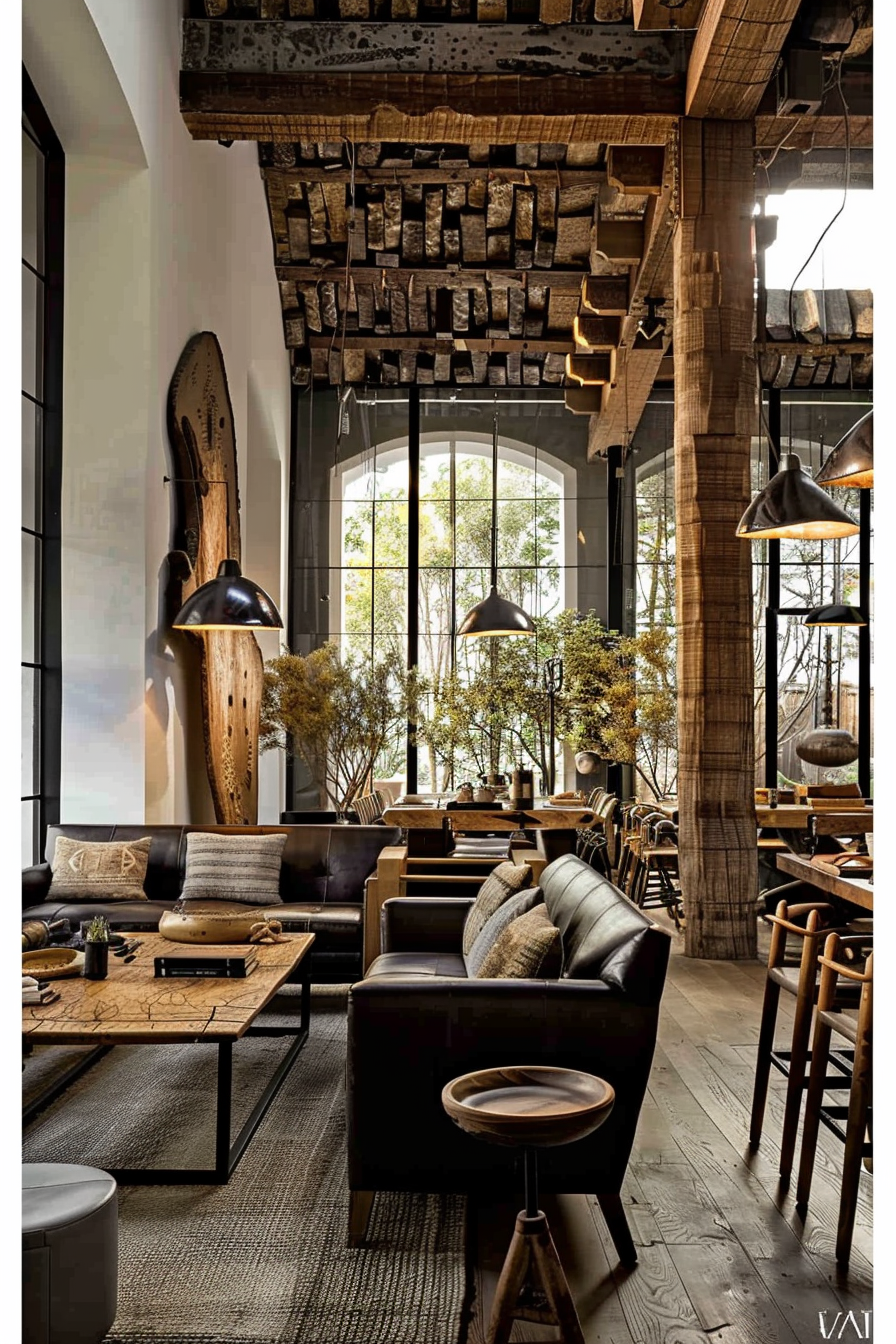 The photograph showcases a stylish interior space with an industrial yet cozy aesthetic. The high ceilings are accentuated by large arched windows that allow natural light to filter in and illuminate the room. Exposed wooden beams and unfinished columns contribute to the raw, rustic charm of the setting. The area is furnished with a variety of seating options, including leather armchairs, sofas with textured cushions, and wooden chairs paired with dining tables. The tables are set with eclectic tabletop decor, and pendant lighting hangs above, casting a warm glow over the space. The floors are wooden, and the rug under the seating area adds to the layered, textured feel. The overall ambiance suggests a comfortable, inviting space that blends modern design with traditional elements. Cozy industrial interior with exposed wooden beams, leather seating, and warm pendant lighting.