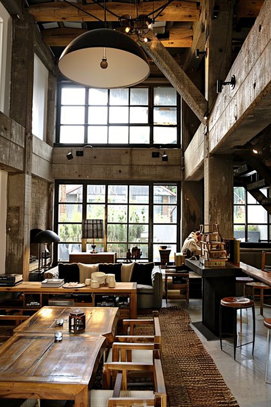 The scene is set inside a spacious, industrial-style loft with high ceilings. Exposed concrete beams and wooden trusses add to the room's rustic charm. Large, grid-like windows allow natural light to flood the space. Below, an assortment of wooden tables with matching benches and chairs are neatly arranged on a long, textured rug. An oversized, modern pendant light hangs prominently from above, with smaller wall-mounted lights dotting the concrete pillars. A cozy seating area with a couch and armchairs is nestled in the background, surrounded by bookshelves and a coffee table. Various decor items like a desk lamp, books, and decorative objects are scattered throughout, creating a warm, inviting atmosphere. Stylish loft with wooden tables, benches, and cozy seating area under an oversized pendant light.