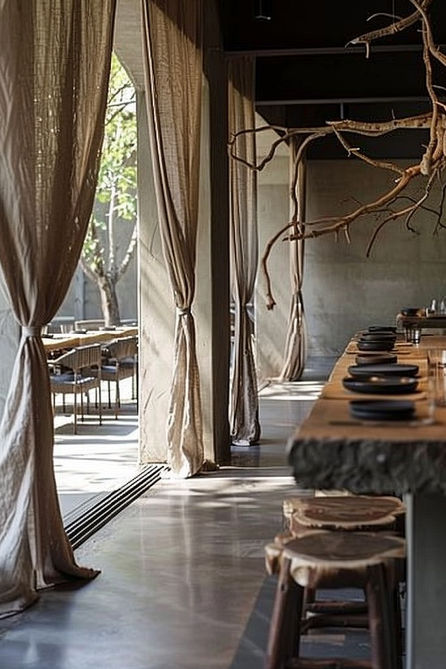The photo shows an elegant interior with a long wooden bar table set with black plates and cutlery, along with wooden bar stools. Draped beige curtains line the space, and a rustic, branch-like installation hangs from the ceiling, adding an organic touch to the modern, minimalist setting. The smooth concrete floor reflects the natural light pouring in from the windows. Modern minimalist restaurant interior with wooden bar table, rustic branch decor, and draped curtains.