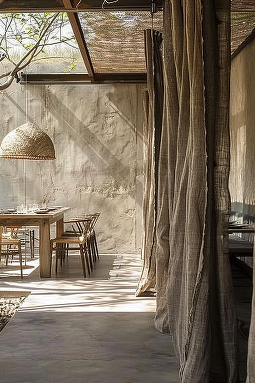 This scene depicts an interior space that exudes a serene, natural ambiance. A woven pendant light hangs over a wooden dining table adorned with what appears to be a simple place setting. The chairs surrounding the table are also made of wood with a very traditional, rustic design. In the foreground, a heavy linen curtain, in natural tones that complement the space, cascades to the floor, adding a soft textural element to the room. The floor is a pale, smooth surface that reflects the sunlight filtering in through a semi-open structure above, likely a skylight or open-beam roof, partially covered by a light diffusing material, probably a natural fiber mat. The sunlight casts an intricate play of shadows and light across the room, enhancing the calm and inviting atmosphere. The walls are finished in an unadorned concrete or plaster, with the texture and subtle variations in color giving an organic feel to the space. Rustic dining area with natural linen curtains and wooden furniture under a woven pendant light.