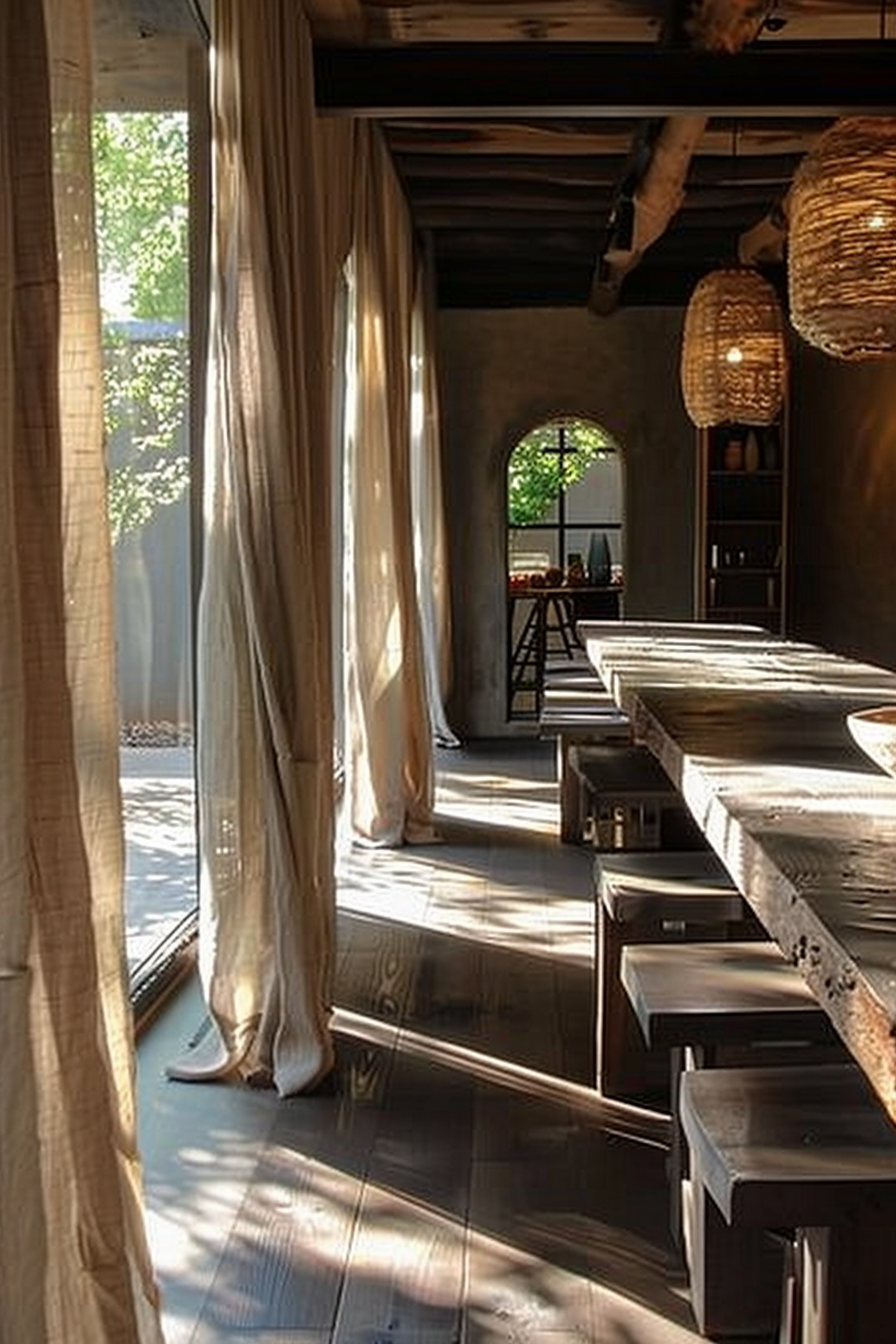The scene captures a rustic dining area bathed in natural light. Large windows draped with sheer curtains on the left allow sunshine to pour in, casting patterns on a wooden floor. A long, robust wooden table with matching benches lines the center of the room. Above the table, ornate woven light fixtures hang from the dark wooden ceiling beams, adding a warm and homey ambiance. Through the archway in the back, we see a hint of greenery from an outdoor space and a glimpse of shelves stocked with various items. Rustic dining room with sunlit sheer curtains, wooden table and benches, and ornate woven light fixtures.