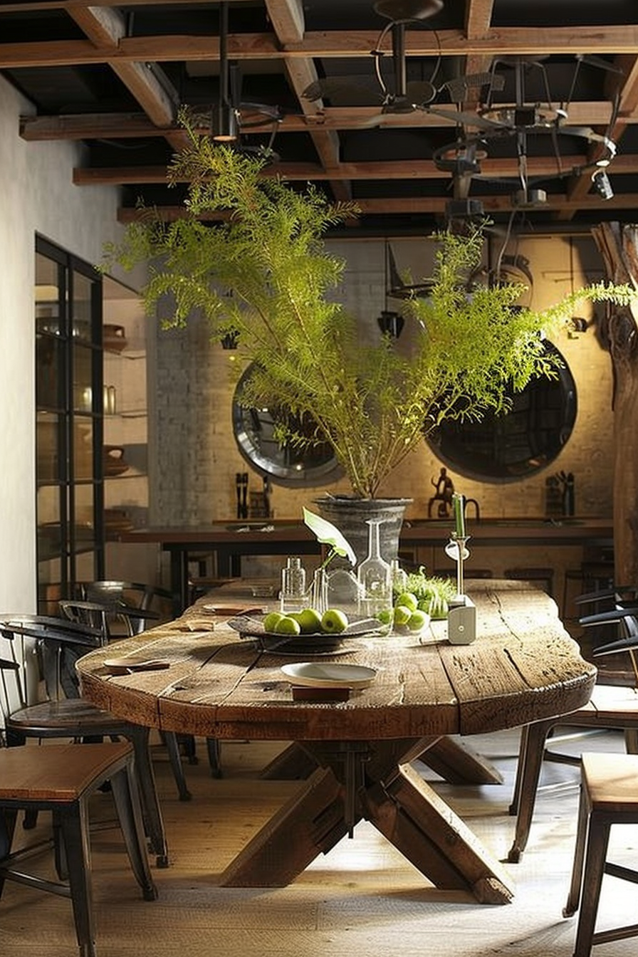 In the photo, there is a rustic dining space with an oval-shaped wooden table set in the center. The table features a weathered top and a robust, beam-based support structure, giving it a robust and aged look. The tablescape includes a couple of simple glass containers, one holding a lush green plant with thin, delicate leaves that add a pop of natural color to the setting. Scattered across the table top are some green apples, contributing to the fresh, organic aesthetic. Around the table, there are several black industrial-style chairs, some with their backs to the camera. The flooring is made from light wooden planks, complementing the table's natural wood tones. The room's ambiance is enhanced by the warm lighting that highlights the table's surface and the greenery. Above the table hangs an eclectic mix of pendants with different designs, adding to the room's industrial-chic aesthetic. In the background, there's a glimpse of shelves with glassware and a large circular mirror on the far wall, which gives the space a sense of depth and reflection. The overall setting evokes a sense of casual elegance that marries industrial elements with natural touches. ALT text: Rustic dining area with a weathered wooden oval table, black chairs, green apples, and a plant centerpiece under eclectic pendant lights.