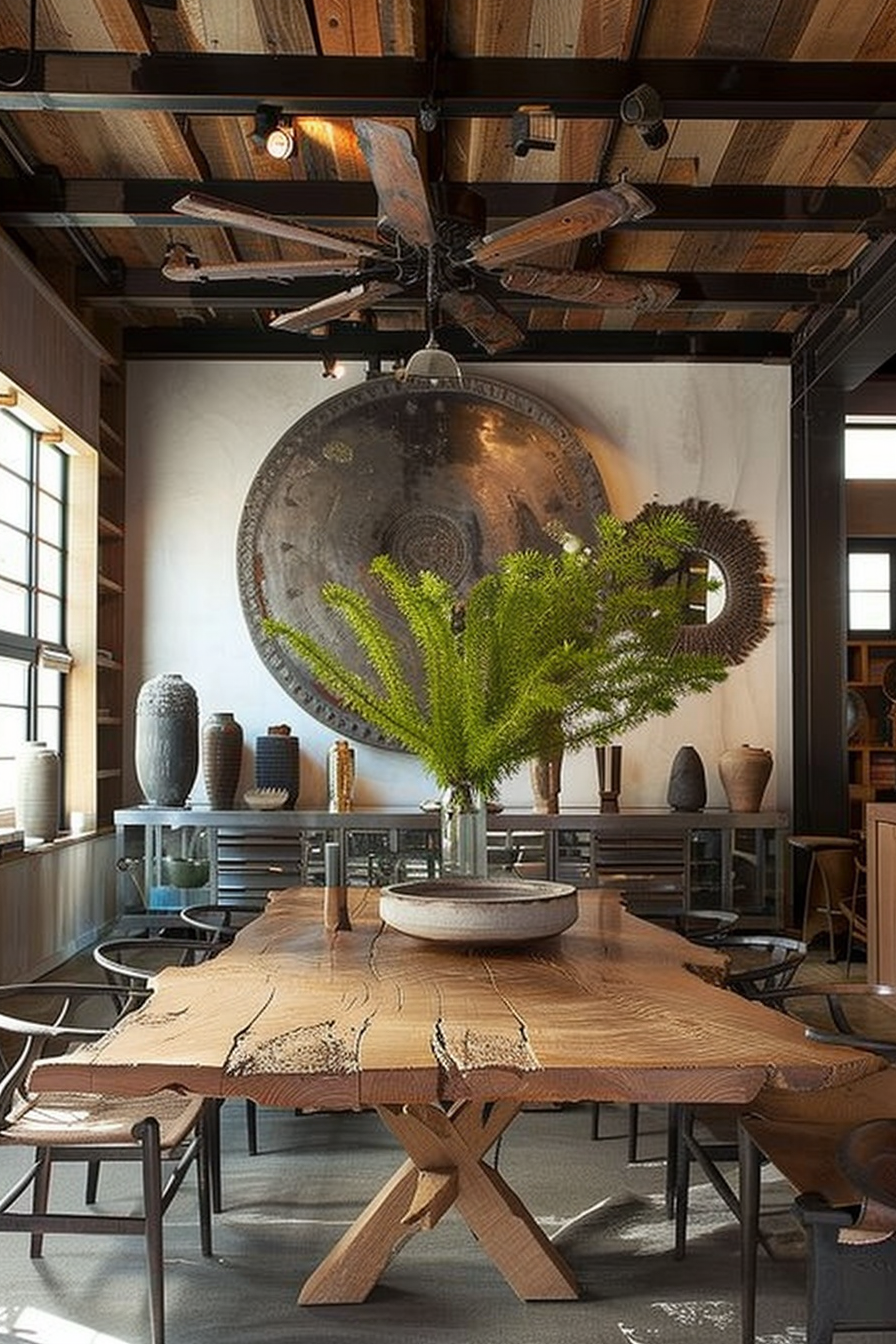 You see a rustic-style dining area with an artistic flair. Above, a uniquely designed ceiling fan spins with wooden blades against a backdrop of dark ceiling beams and wooden planks. Natural light streams in from a window on the left, highlighting the textures and rugged beauty of the space. A striking wood dining table with a live edge and a distinctive cross-shaped base anchors the room. Atop the table is an oversized round bowl holding a lush green fern centerpiece. This arrangement draws the eye towards its vibrant color, which stands out against the neutral palette of the room. Around the table are simple, elegant chairs with a black finish that complements the table’s natural tones. In the background, a large decorative gong serves as a bold focal point on the wall, flanked by an assortment of pottery in varying shapes and sizes. The décor creates a sense of harmony between natural elements and artistic expression. Alt text: Rustic dining area with a live-edge wood table, ceiling fan above, and artistic pottery with a large gong on the wall.