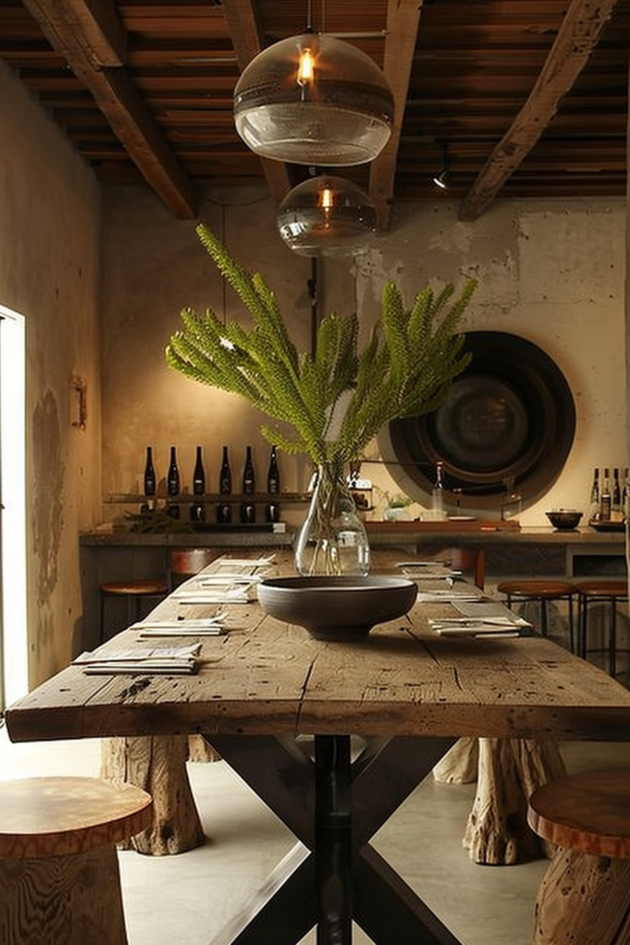 The scene shows a rustic dining area with a strong emphasis on natural materials. A large, sturdy wooden table dominates the center of the frame, its surface showing signs of wear and imbued with character. On the table, an oversized clear glass vase holding an arrangement of greenery serves as the focal point. The plant has elongated leaves that fan out in all directions, adding a vibrant touch of nature to the setting. Above the table, two spherical pendant lights hang from the exposed wooden ceiling beams, the upper half of the lights revealing the bulbs and the lower half featuring reflective surfaces. These lights cast a warm glow over the area, complementing the earth tones and contributing to the cozy ambiance. The table is set with simple dishes, cutlery, and several neat stacks of paper menus. In the background, a countertop and shelving display various bottles and kitchenware, blending seamlessly with the space’s aesthetic. An open door to the left allows a glimpse of the outside, suggesting a connection between the indoors and nature. Rustic dining area with wooden table, greenery centerpiece, and spherical pendant lights.