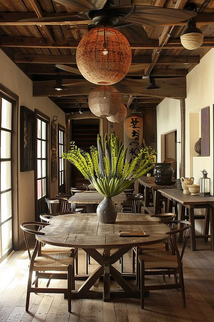 The photo captures the interior of a rustic Asian-style dining space. Exposed wooden beams run across the ceiling, from which various paper lanterns are suspended, creating a warm and inviting atmosphere. There is a series of wooden tables with matching chairs, each featuring a simple place setting. A prominent table in the foreground is adorned with a large vase holding a green plant with tall, slender leaves that stretch upward. The floor is also made of wood, and natural light filters in through windows with white window frames, contributing to the serene ambiance. Throughout the space there are subtle decorations, such as Asian-inspired art and vases, which add cultural richness to the room. Traditional Asian-style dining room with wooden furniture and paper lanterns.