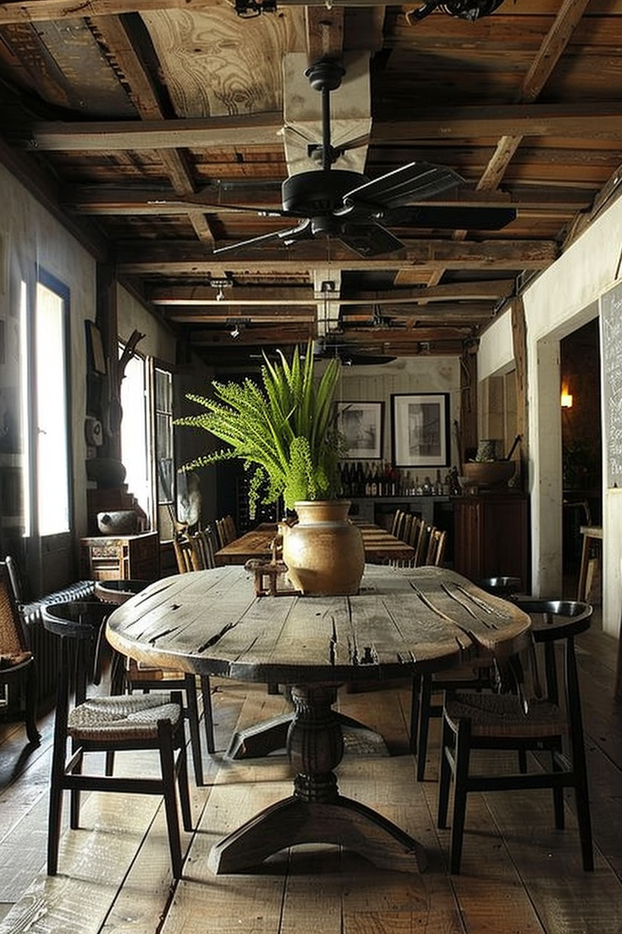 The scene is set in a rustic-styled room with wooden beams on the ceiling and a large, round wooden table at the center. Above the table hangs a ceiling fan. On the table, there's a sizable potted plant, contributing a fresh green element to the room's earthy tones. In the background, there's a well-stocked bar with an array of bottles, and the walls are adorned with framed pictures. Wooden chairs surround the table, and the floor matches the rustic wood theme. Rustic dining room with large wooden table, ceiling fan above, and a bar in the background.