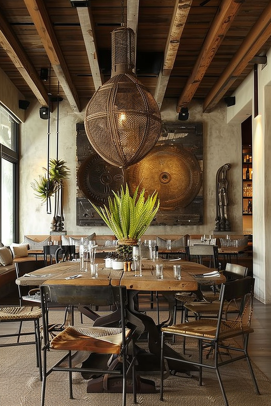 You're looking at the interior of a rustic-themed restaurant or dining area. The room has an exposed wooden beam ceiling and a large woven pendant light that resembles a hot air balloon, which hangs in the center. Against the back wall is a large, decorative metal piece, adding to the industrial atmosphere. The tables are wooden, paired with metal-frame chairs, and there's a table in the foreground with a tall green plant centerpiece. It's a warm and inviting space with a blend of industrial and natural elements. Rustic restaurant interior with wooden beams, industrial wall art, and woven pendant light.