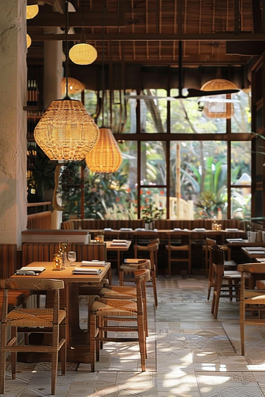 The photo shows a cozy restaurant interior with natural lighting. Various woven pendant lights of different shapes hang from the ceiling, casting a warm ambiance. The dining area is furnished with wooden tables and chairs with wicker details, and each table is neatly set with plates and cutlery. Large windows overlook a lush outdoor area, blending the interior with the greenery outside. Warmly lit restaurant interior with woven lights and wooden furniture with greenery outside the windows.
