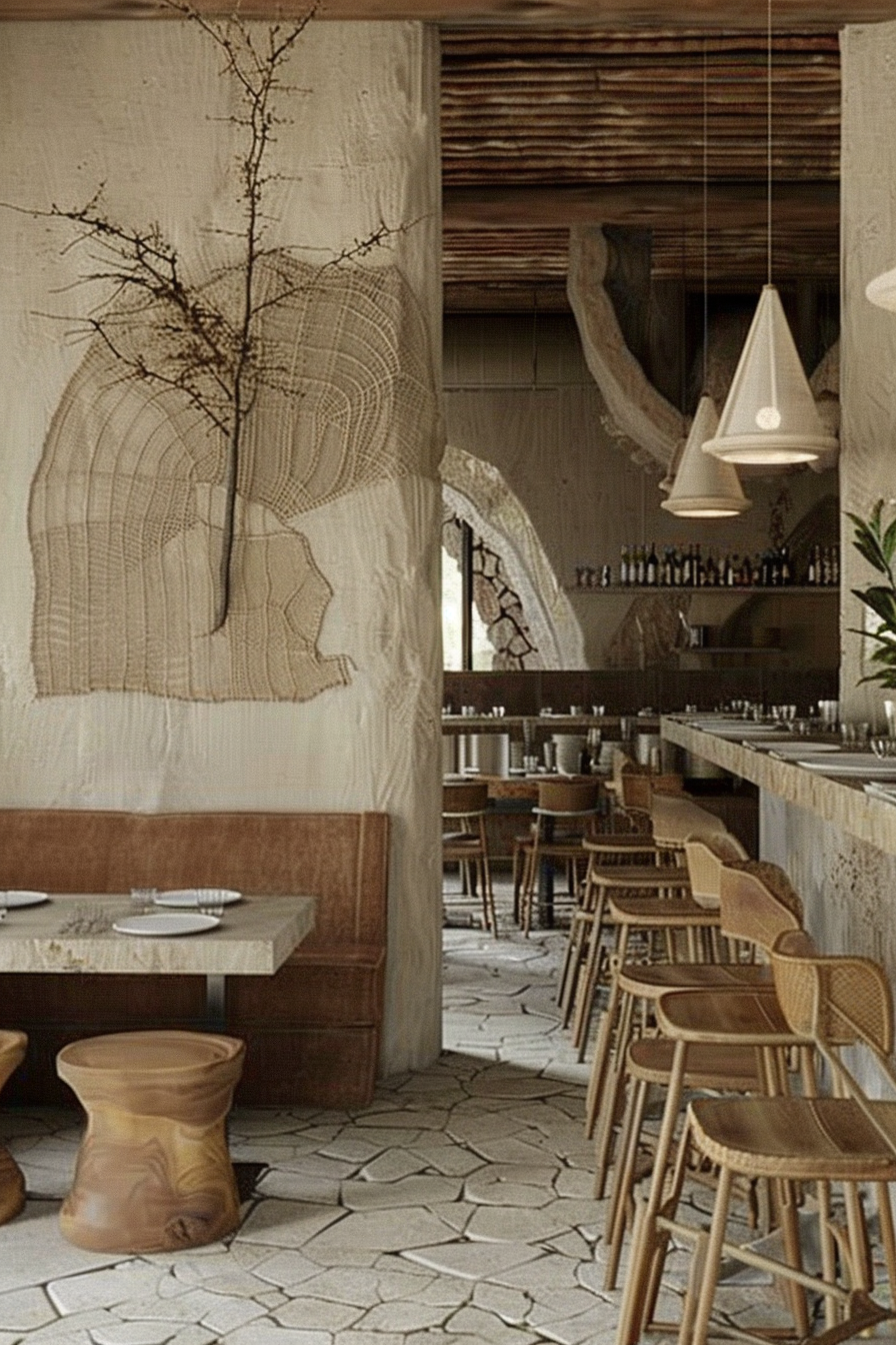 The scene shows a cozy, rustic interior of a cafe or restaurant. The walls are adorned with a textured, cream-colored surface featuring a large wooden stump design that adds a natural touch. Above, the ceiling reveals wooden beams contributing to the warm ambiance. A pendant light with a simple, geometric design hangs from the ceiling, casting a soft glow. In the foreground, there is a wood and stone bench with a fabric cover that matches the wall, set with white plates and napkins, preparing for guests. Next to it stands a unique, stool-like object with a smooth, swirled design. The floor features irregularly shaped stone tiles, enhancing the organic feel of the space. Through the archway in the background, additional seating is visible with wooden chairs and tables neatly arranged, and a bar counter with bottles on display. The overall aesthetic is one of rustic elegance and inviting warmth, suggestive of a thoughtful and curated interior design that emphasizes natural materials and textures. ALT: Rustic cafe interior with textured walls, wooden furniture, and warm lighting.