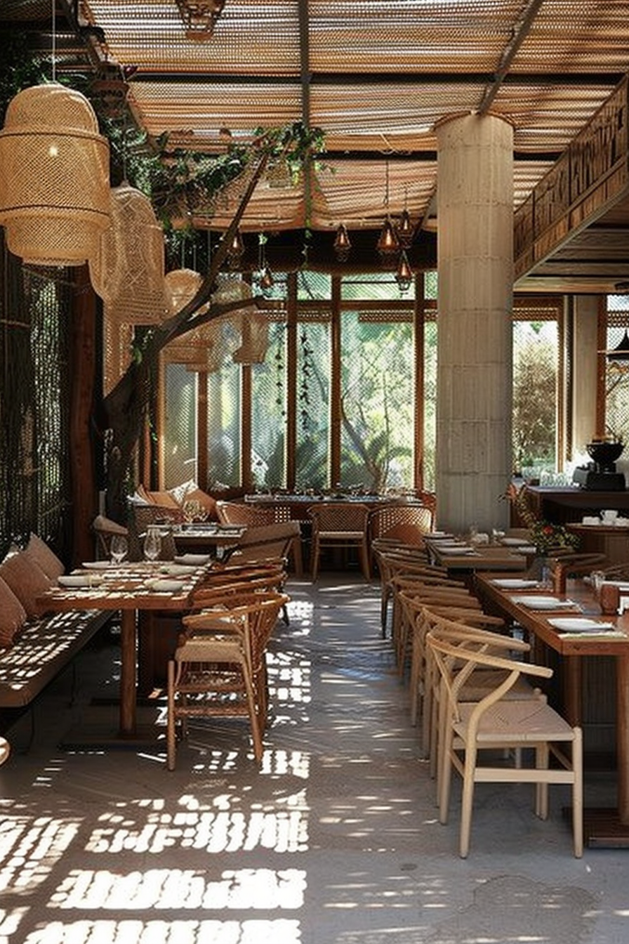 The scene depicts a cozy, rustic-style restaurant with a warm ambiance. Natural light filters through a trellised ceiling, creating interesting patterns on the floor. Wooden tables and wicker chairs are neatly arranged for dining, surrounded by lush greenery visible through large screen windows. Hanging wicker lamps add to the natural feel of the setting. Cozy restaurant interior with wooden furniture, natural light patterns, and greenery.