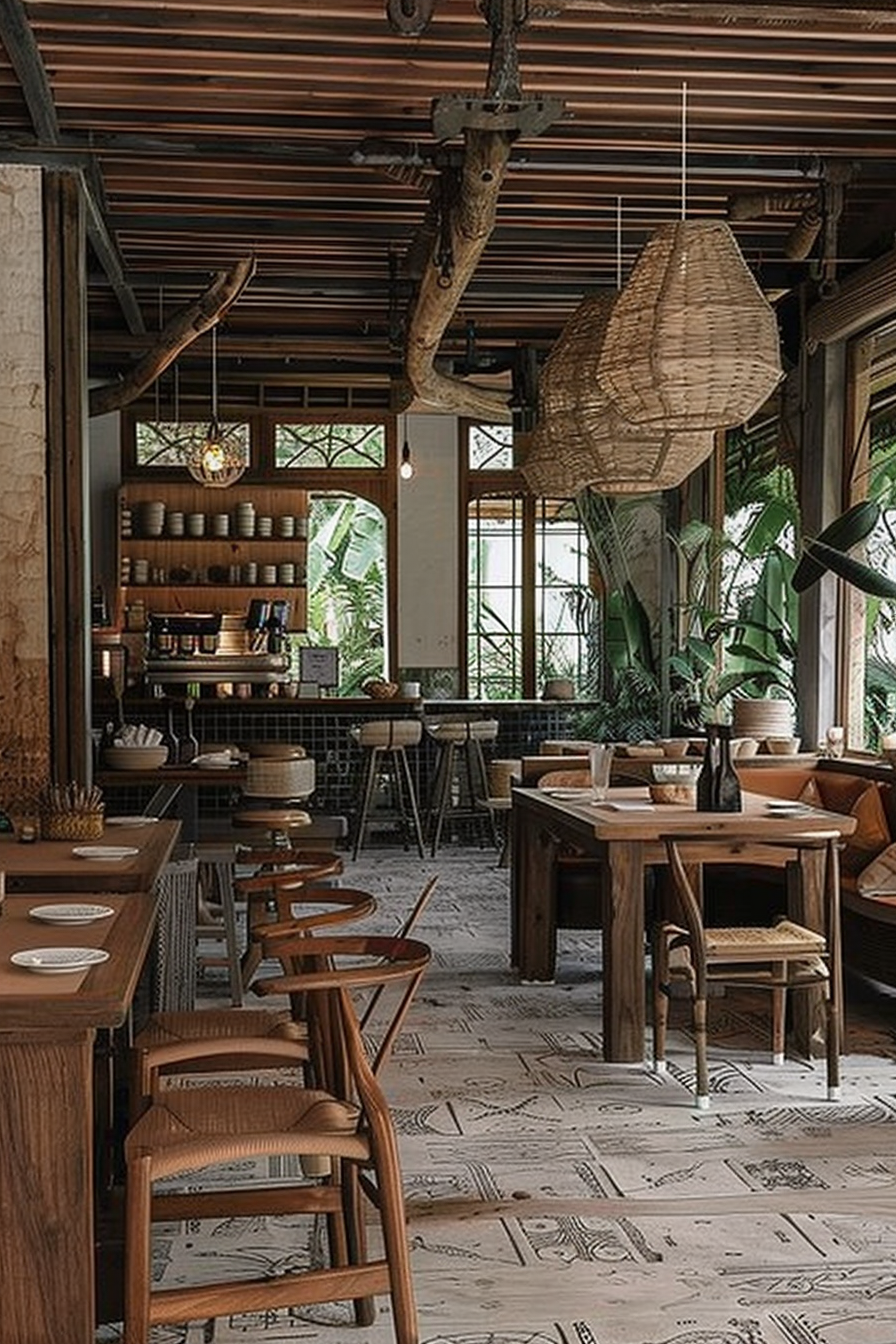 The scene is set in a cozy and stylish cafe with a rustic aesthetic. The ceiling is adorned with wooden beams, and large woven pendant lights hang above, contributing to the organic feel of the space. The environment is well-lit with natural light streaming in from large windows framed with dark trim, creating a warm and welcoming atmosphere. Plants are placed around the room, adding a touch of greenery. On one side, there's a bar with high stools and shelves stocked with various bowls and pots, hinting at a possibly open kitchen concept. In the forefront, there are wooden tables with matching chairs, some set with white plates, ready for diners. The floor is covered with patterned tiles that give the impression of being covered in large sketches or script, which adds to the creative and artisanal vibe of the cafe. Rustic cafe interior with wooden furniture, patterned tiles, and natural light.