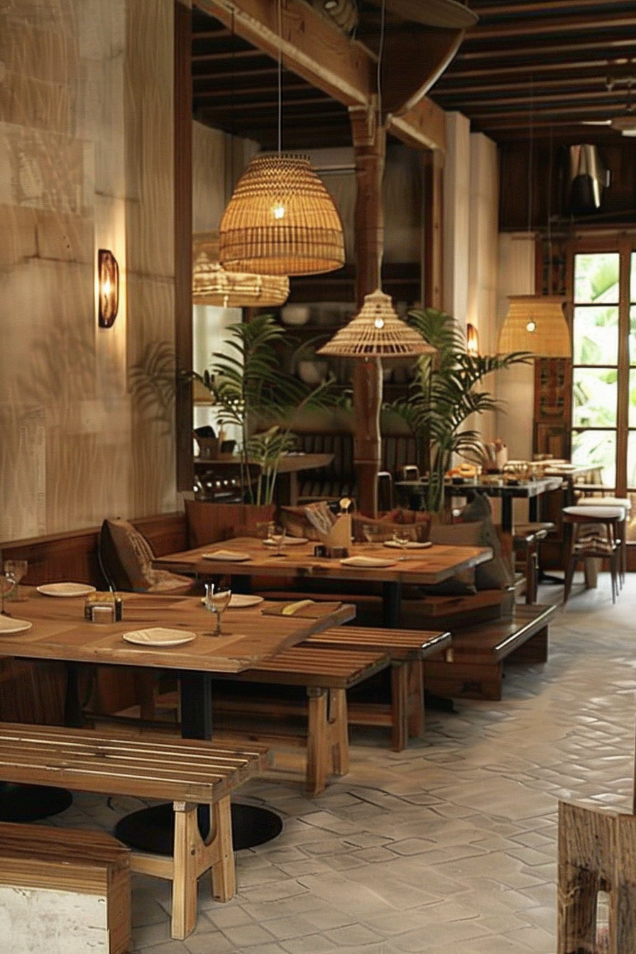 The scene is of a cozy restaurant interior with a warm and inviting ambiance. Wooden tables and benches are neatly arranged, each table set with plates, cutlery, and glasses. Woven rattan pendant lights hang from the ceiling, casting a soft glow throughout the space. The flooring consists of stone tiles, and potted green plants add a touch of nature to the setting. Exposed beams and ductwork on the ceiling give the restaurant a rustic-industrial feel. Cozy restaurant interior with wooden tables, rattan lights, and a warm ambiance.