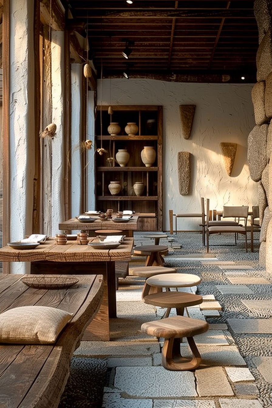 The scene is a rustic dining area with an organic aesthetic. A series of wooden tables are adorned with simple crockery and lined with low benches and stools with cushions for seating. A shelf filled with various clay pots and vessels occupies the back wall. Throughout the space, the walls display a textured white finish, with several hung wicker decorations adding to the natural vibe. The floor is composed of a combination of smooth and pebbled surfaces, providing a tactile element to the setting. The overall atmosphere is cozy and inviting, with a clear emphasis on traditional, handcrafted materials. Rustic dining space with wooden tables, ceramic dishes, textured walls, and artisanal decorations.