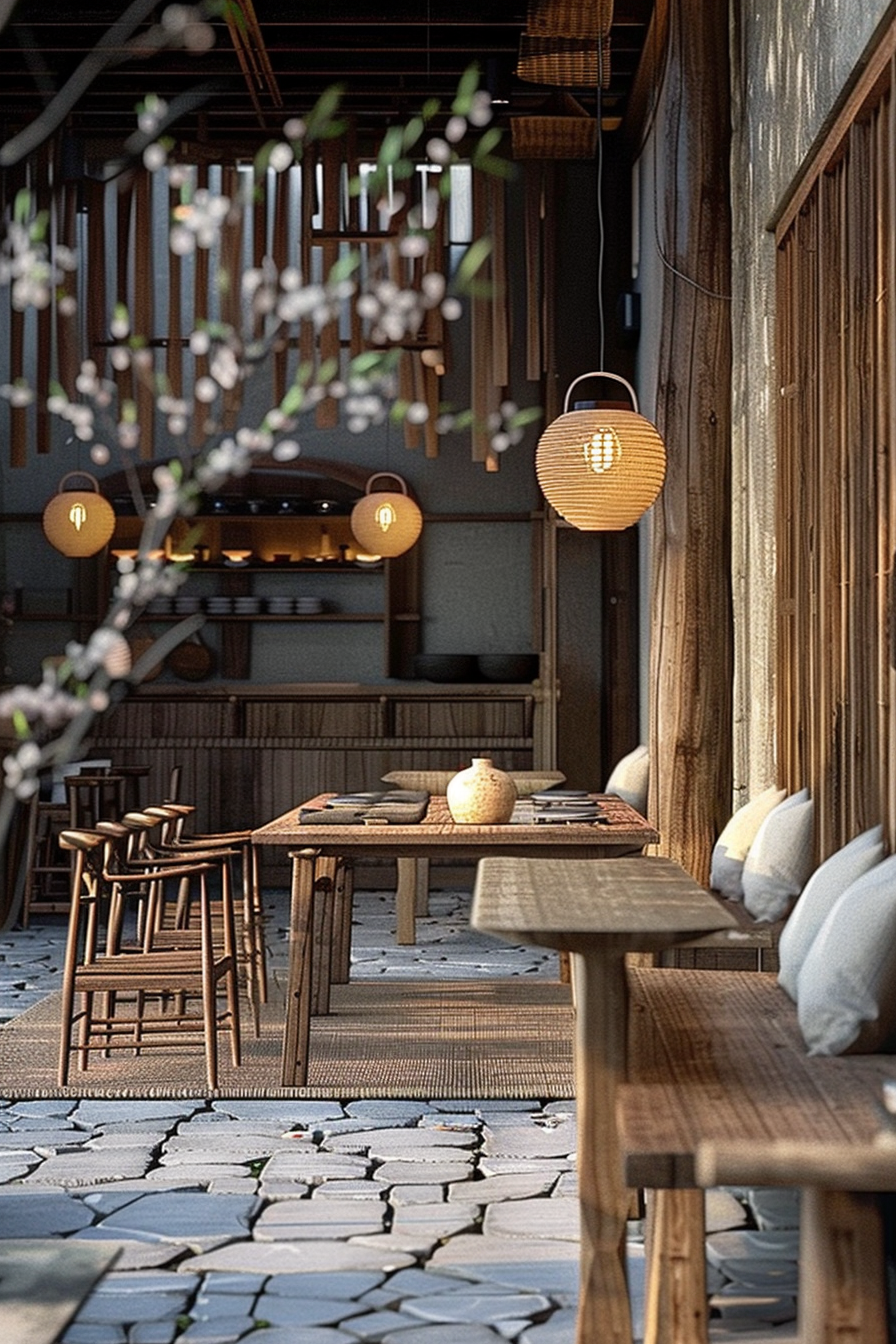 The scene depicts a cozy outdoor seating area of a traditional-style establishment, possibly a restaurant or teahouse. There is a sense of tranquility with natural wood furniture and textured tatami mats. Warm lighting casts a gentle glow from cylindrical paper lanterns hung above and on the wall. In the background, interior shelves house various items, possibly dining ware. Foreground details are blurred but suggest the presence of a flowering tree, adding a touch of nature to the dining experience. Traditional Japanese outdoor restaurant setting with wooden furniture and paper lanterns.