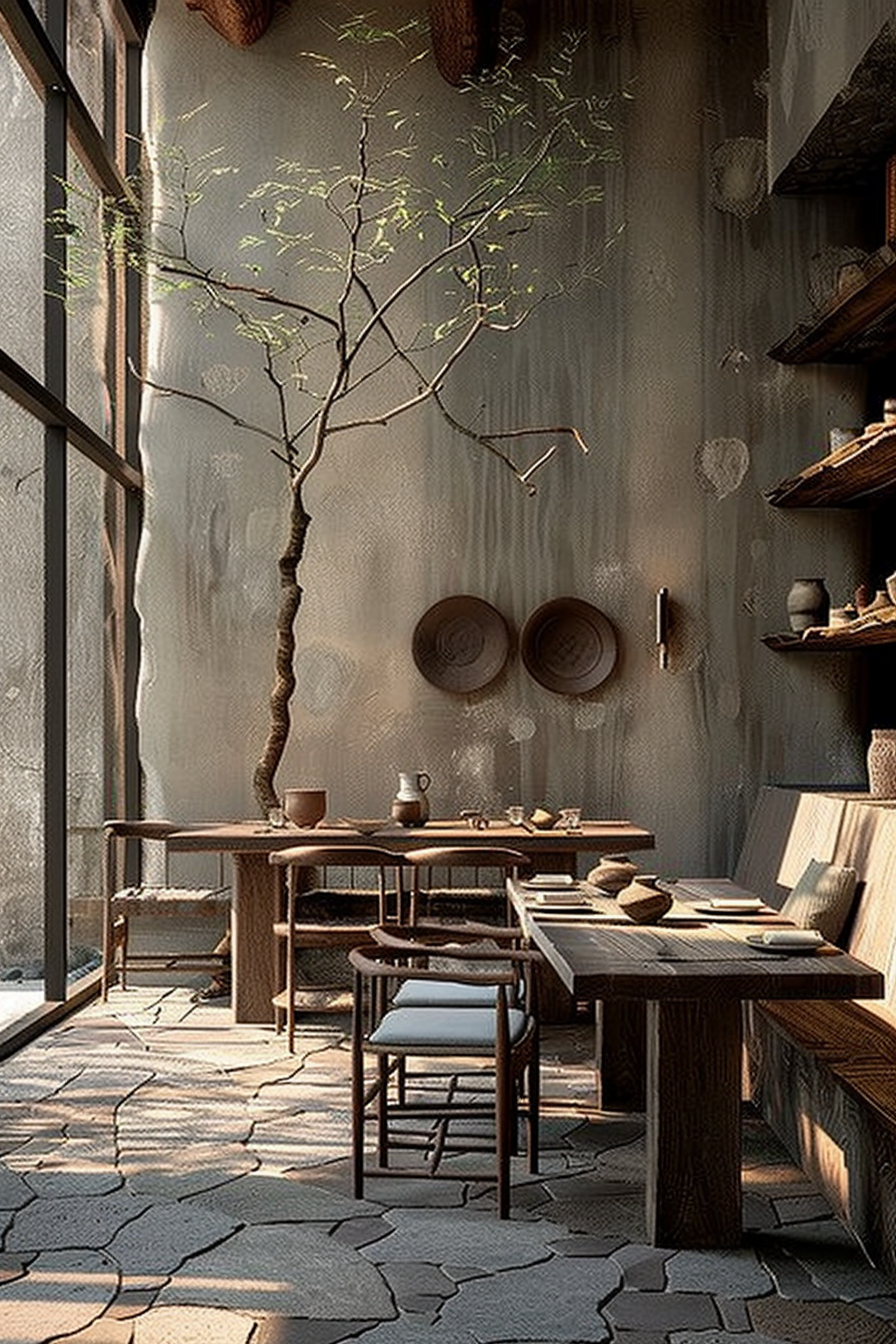 The scene is a rustic and tranquil dining area. A live tree grows alongside a large window, adding a natural element to the space. The dining table is long and made of raw wood, surrounded by matching benches and a chair with a cushion. The floor is paved with large, irregular stones. Sunlight filters through the window, casting warm highlights on the surfaces. Pottery and wooden utensils are carefully placed on open shelves, and there are several plates and bowls on the table, suggesting preparation for a meal. There's a sense of harmony with nature portrayed by the integration of organic materials and elements throughout the space. Rustic dining area with a live tree, sunlight, wooden furniture, stone floor, and pottery.
