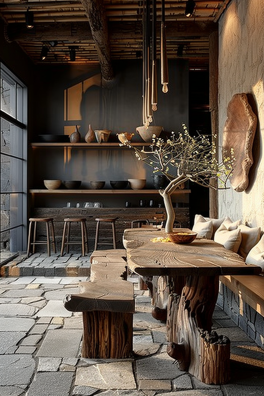 The scene is set in a cozy rustic interior, possibly a part of a home or a café, that embraces a natural and warm aesthetic. Directly ahead, an elongated wooden table made of thick slabs takes center stage, supported by what looks like raw tree trunks. Several wooden stools with a similar design are lined up along the table, showing the distinctive natural edges of the wood. A large wooden shelf against the dark-colored wall showcases an array of ceramic bowls and plates in neutral tones. Above the table, a branch placed in a ceramic vase adds a gentle touch of greenery to the room. Soft cushions rest against the wall on a built-in bench beside the table, inviting relaxation. The floor comprises of stone tiles, and the exposed ceiling pipes give the room a slight industrial vibe, striking a contrast with the otherwise natural and earthy elements of the space. Rustic interior with wooden table, stools, shelving with ceramics, and natural accents.