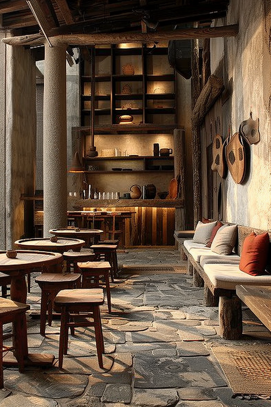 The scene is set in a rustic style café or tavern. In the foreground, there are several wooden tables with matching stools evenly spaced across a stone-tiled floor. To the right, a padded bench is adorned with some reddish pillows, providing a cozy seating option. The wall on the right also exhibits two stringed musical instruments, contributing to the charming ambiance. The back of the space features a bar counter with shelves holding various pots, dishes, and bottles, while additional kitchenware is also visible. The overall lighting is warm and inviting, with a sense of peacefulness and an old-world feel. Rustic café interior with wooden furniture, stone floor, and musical instruments on the wall.