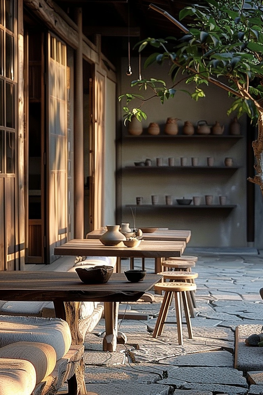 The scene is a traditional outdoor setting with a wooden table and bench surrounded by natural elements. A sliding door to a house is partially open, revealing shelves with pottery. Sunlight filters through the leaves of an overhanging plant, casting soft shadows. Paving stones make up the ground, and the warm lighting suggests a serene, early morning or late afternoon ambiance. Traditional outdoor dining area with wooden table, pottery, and sunlight filtering through leaves.