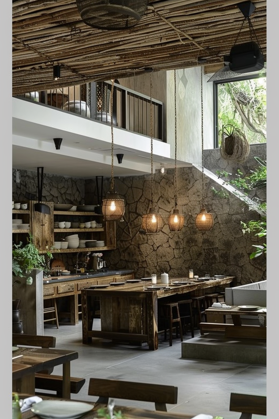 The scene depicts a rustic yet modern dining area. The high ceiling is lined with bamboo, with industrial-style pendant lights hanging down. The dining tables are made of sturdy, rough-hewn wood, and matching benches serve as seating. There is open shelving against a wall with a textured stone finish, stocked with various white dishes and kitchen accessories. In the background, a balcony with a metal railing is visible, overlooking the dining space. There's a large window that provides a view of greenery outside, and natural light filters into the room. The overall ambiance is cozy and inviting, blending natural elements with contemporary design. Rustic dining space with bamboo ceiling, wooden tables, and stone wall with greenery outside.