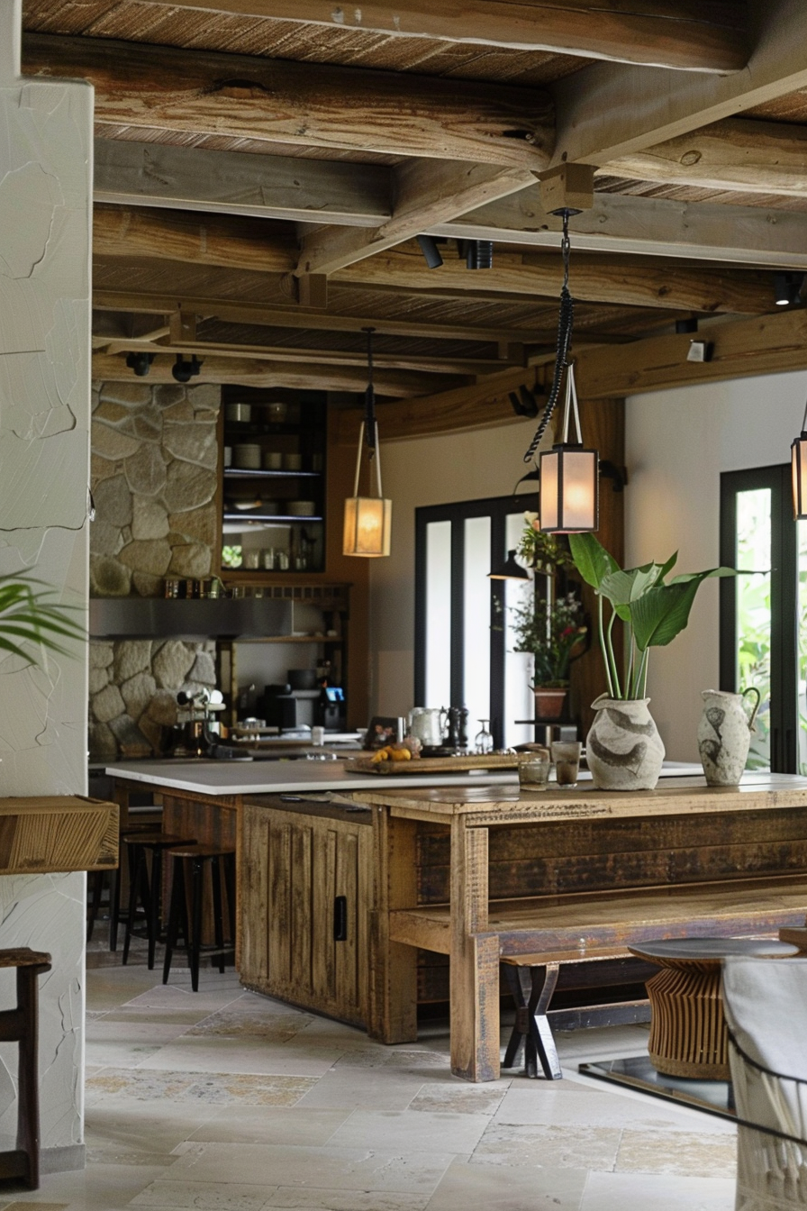 The scene is a rustic kitchen interior with exposed wooden beams overhead and hanging pendant lights. A stone column anchors one side, complementing the stone backsplash by the stove area. In the foreground, a wooden island with storage cabinets forms the centerpiece and is adorned with a vase and decorative pottery. The floor is tiled in large, natural-toned squares, creating an earthy feel. The room is well lit by natural light coming through the doorway framed by glass and black metal. Cozy rustic kitchen with wooden beams, stone accents, and a central island.