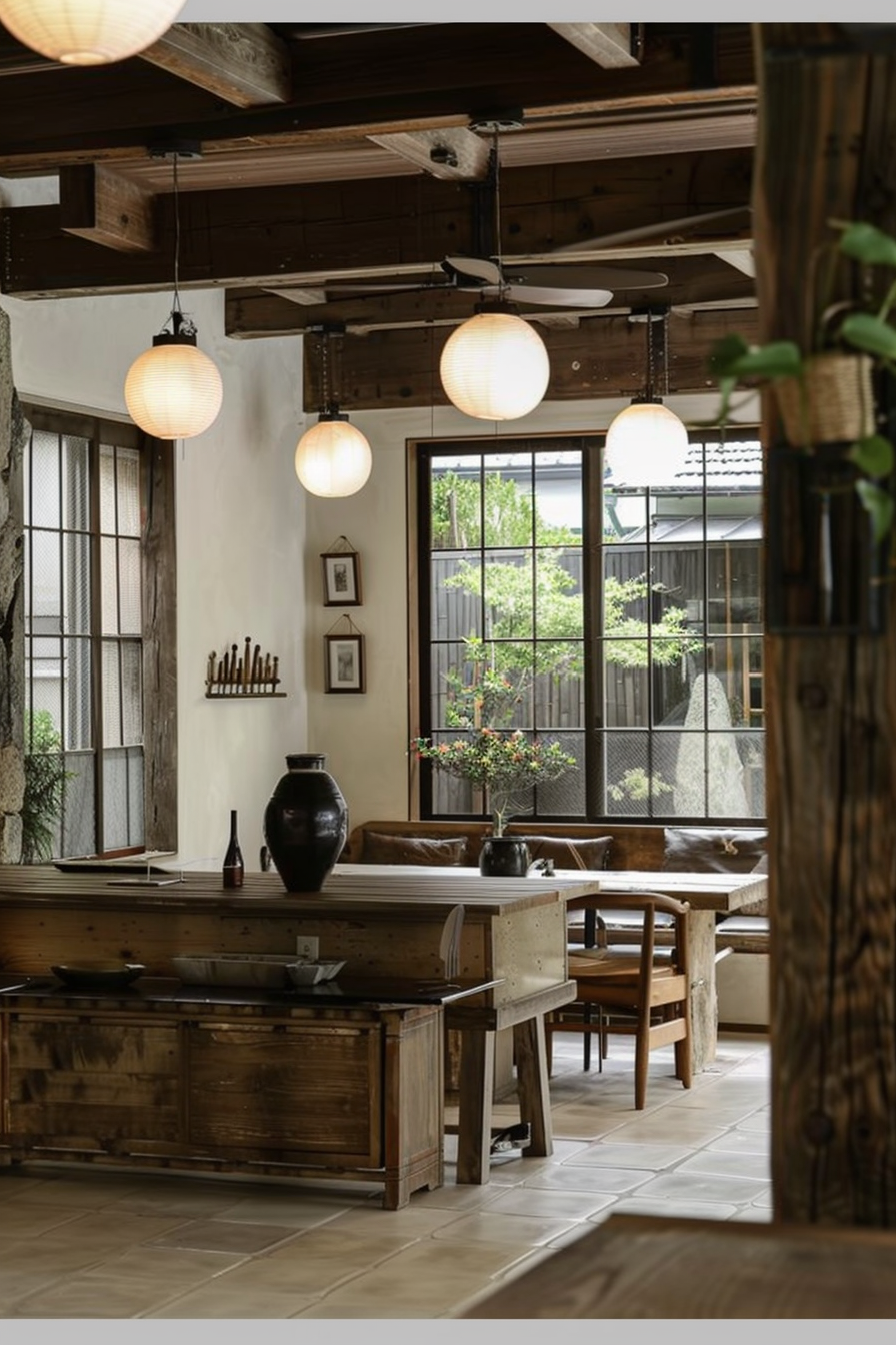 The scene is of a cozy, rustic interior space, potentially a dining area within a traditional home or a restaurant designed to mimic such a style. Exposed wooden beams run across the ceiling, complemented by spherical paper lanterns that cast a warm glow. A large, sturdy wooden table dominates the center, surrounded by matching benches and chairs. The tabletop hosts an array of objects, including what appears to be a cooking stove or hotplate, a large ceramic vase, and a smaller bottle. A corner of the room reveals a built-in wooden bench topped with leather cushions, situated near a sizable window that offers a view of a garden or courtyard. A few framed pictures are neatly hung on the wall, and a standing plant can be seen adding a touch of greenery to the space. The floor is tiled, and there's a serene atmosphere suggested by the use of natural materials and the view of the outdoor greenery. Description for use as ALT text: Rustic interior with wooden tables and benches, paper lanterns, and a window overlooking greenery.