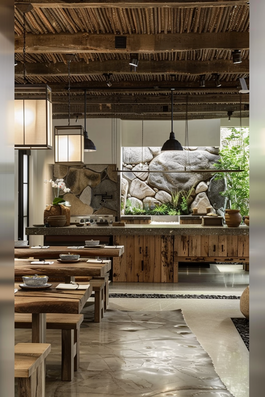 The scene is of a modern interior kitchen space with a rustic touch. Wooden beams cross the ceiling, adding character to the space. Below, pendant lighting fixtures hang over a kitchen counter made of distressed wood, giving it an antique feel. The backsplash and counter are designed with a stone-like texture, evoking a closeness to nature. In the foreground, there is a dining area with wooden benches and tables neatly set with bowls and plates. The floor features reflective polished tiles, enhancing the room's elegant aesthetics. A glimpse of lush greenery is visible through a window, connecting the indoor space with the outdoors. Modern rustic kitchen with wooden ceiling beams, distressed cabinets, stone backsplash, and polished tile flooring.