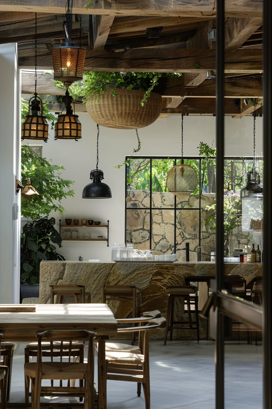 The scene is set in a serene, naturally lit indoor space with rustic aesthetics. Wooden plank ceilings are adorned with an assortment of hanging lamps of varying styles and sizes, some encased in metallic frames while others are woven baskets serving as planters. These green plants add a fresh, organic touch. Below, there is a bar area with a stone façade, behind which glassware is neatly arranged, hinting at a casual dining or café setting. The furniture is composed of wooden tables and chairs with simple, clean lines, that seem to match the earthy and natural vibe of the interior. Large windows allow ample light to flow through and provide glimpses of the greenery outside, enhancing the indoor-outdoor connection. Proposed ALT text: Rustic indoor café setting with wooden furniture, hanging lamps, and green plants, bathed in natural light.