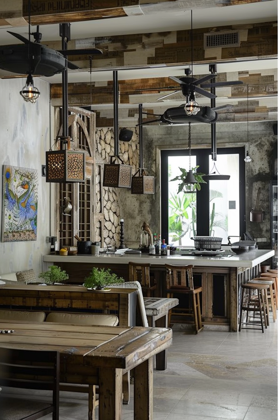 The scene shows a rustic and stylish interior of a kitchen and dining area. The ceiling is adorned with wooden planks and industrial-style lighting fixtures. A series of unique hanging lights with geometric patterns add a decorative touch. The walls have a raw, unfinished look with exposed concrete and sections adorned with stone cladding. A large painting with vibrant colors and abstract design hangs on one side of the kitchen. In the dining area, there are wooden tables with benches and chairs, offering a cozy and inviting space for meals. The kitchen counter doubles as a bar with high stools and is equipped with various cooking pots and a sink. Potted plants are scattered throughout the area, providing a touch of greenery. Overall, the space features a harmonious blend of different textures and materials, creating a welcoming and eclectic atmosphere. Rustic dining and kitchen area with industrial lighting, wooden furniture, and a mix of raw and cozy decor elements.