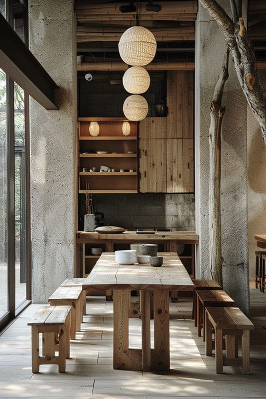 The scene is set in a modern-rustic dining area with a strong natural atmosphere. The room features a robust wooden dining table flanked by matching benches. Above the table hang three spherical, textured pendant lights in a vertical arrangement, adding a warm glow to the space. Exposed concrete walls on both sides provide a raw backdrop, while the right side opens up to large windows, inviting natural light. To the left, there’s a kitchen area with wooden cabinetry and open shelving displaying various kitchenwares. Central to the composition is a live tree trunk, seamlessly integrated into the room and stretching from floor to ceiling, adding an organic touch to the space. Rustic wooden dining table with benches, pendant lights, tree trunk, and kitchen shelves in a modern space.