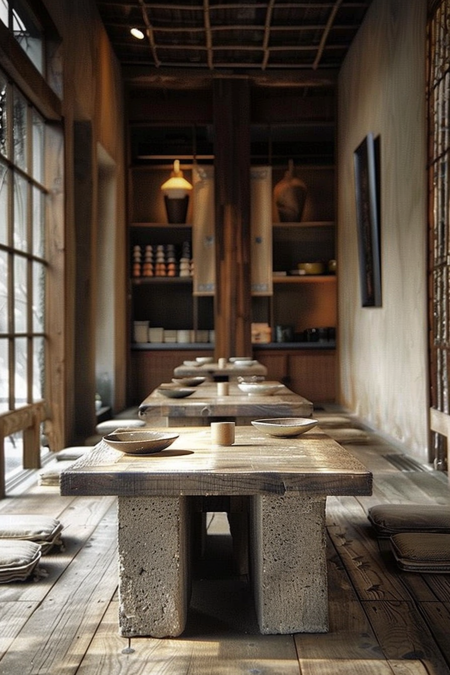 The scene is set in a serene, traditional dining area, reminiscent of Japanese style. A long wooden table with a rugged texture runs down the center, flanked by low benches with cushions for seating. The table is set minimally with ceramic bowls and wooden cups, ready for a meal. The room is warmly lit, creating a cozy atmosphere, with soft sunlight filtering through the lattice windows, illuminating the shelves stocked with more pottery and tableware in the background. Subdued color tones and natural materials dominate the space, evoking a sense of calm and simplicity. Traditional Japanese dining room with a wooden table set for a meal, warm lighting, and pottery on shelves.