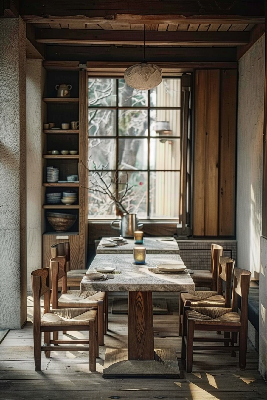 The scene captures a rustic dining area bathed in natural light, featuring a wooden table set with plates, cups, and a textile runner. Wooden chairs with woven seats frame the table, and shelves with ceramics line the wall. A pendant light hangs above, and a large window offers a view of trees outside. Cozy wooden dining space with set table, chairs, shelves with pottery, and a window overlooking nature.