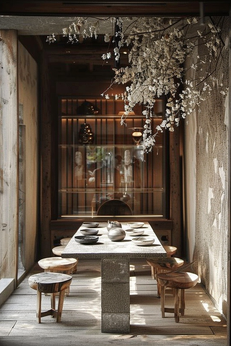 The scene displays a serene and rustic dining area with a traditional Japanese aesthetic. A long, stone dining table is the focal point, adorned with simple yet elegant tableware. Positioned on flat weave mats, wooden stools surround the table, ready to seat guests. Above, delicate white flowers hang, adding an element of natural beauty and tranquility. The backdrop includes shoji screens, allowing soft natural light to filter through, and a view of traditional Japanese decor inside a cabinet. Overall, the setup exudes a calm and inviting atmosphere. Rustic Japanese dining area with stone table, wooden stools, and hanging white flowers.