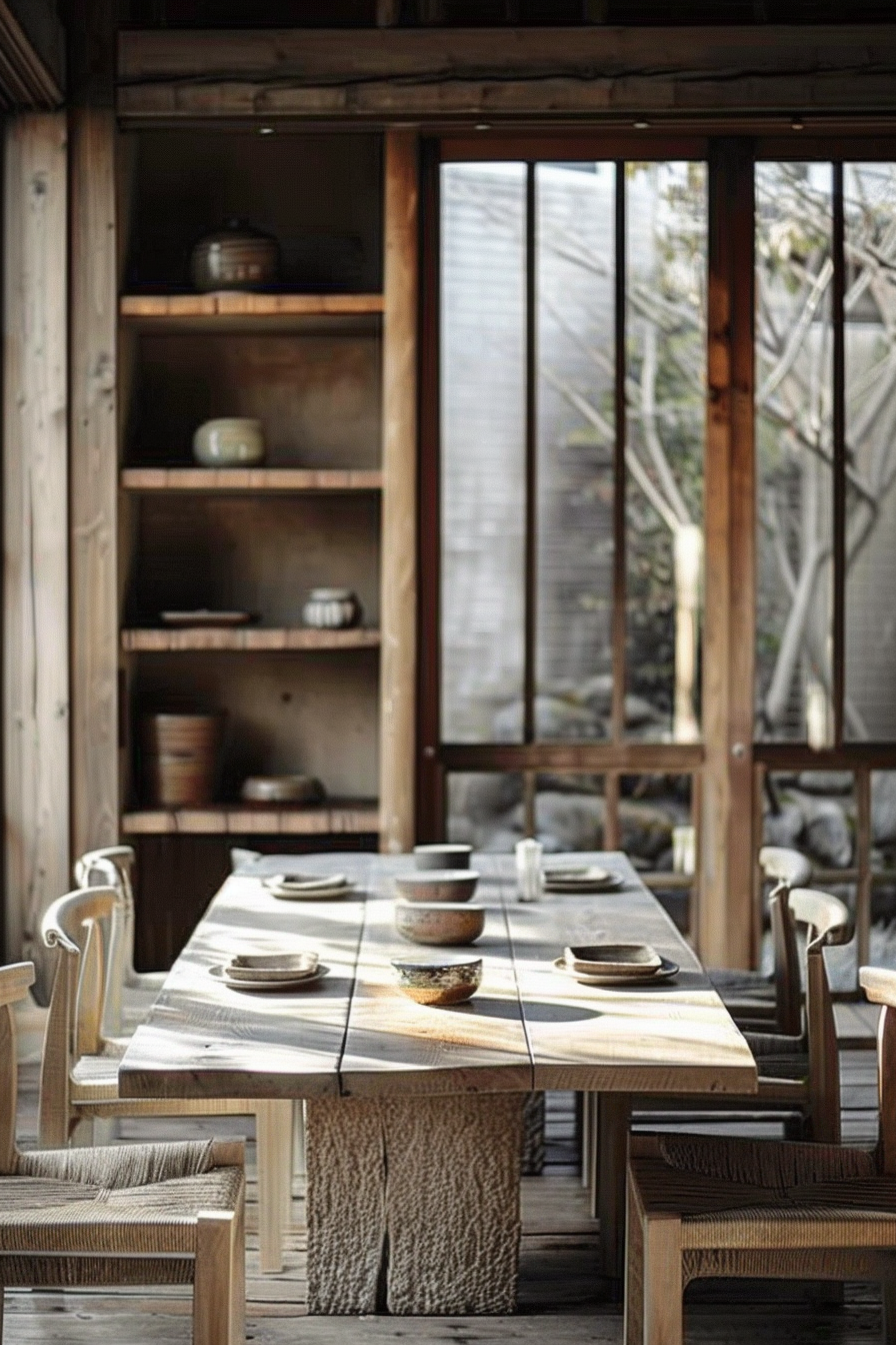 A rustic wooden dining setting with a table set for four, ceramic plates, and a wooden shelf with pottery in a room with natural light. Rustic dining area with wooden table setting for four and a shelving unit with pottery.