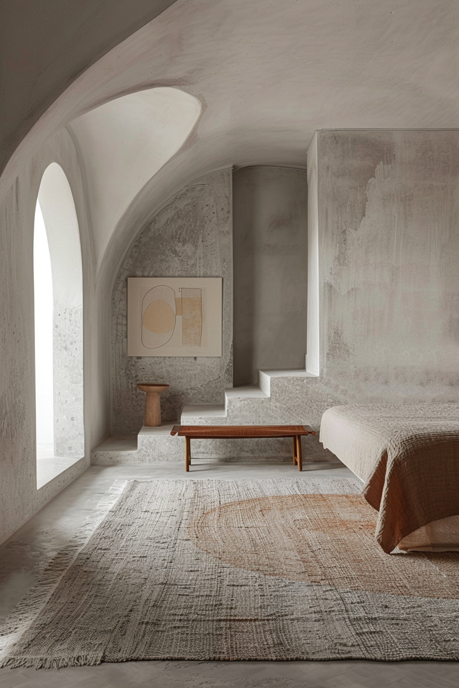 A serene, monochromatic bedroom with arched windows, textured walls, minimalist furniture, and abstract art, exuding calm and modernity.