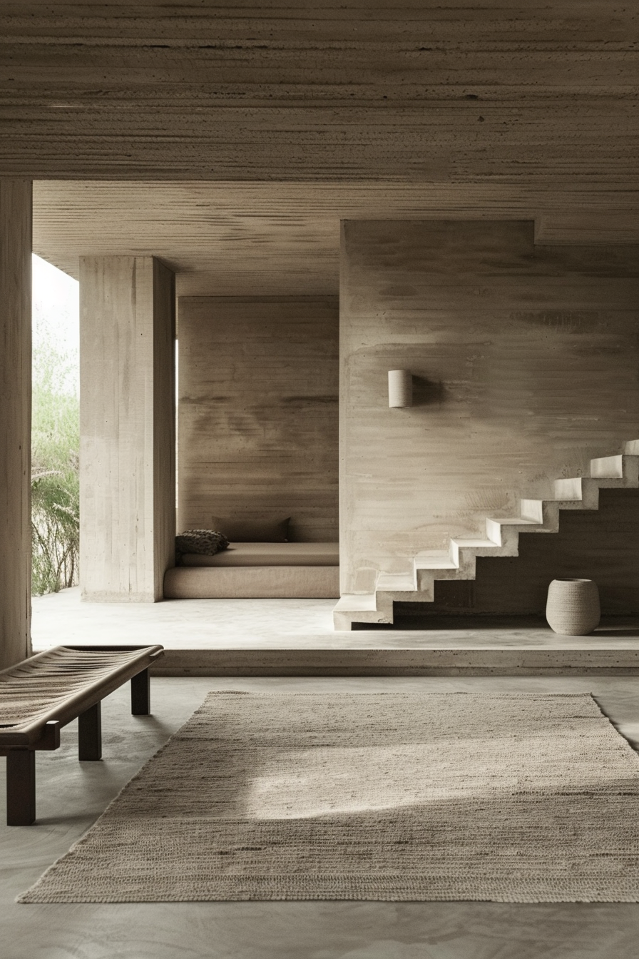 Minimalist interior with wooden bench, stairs, and textured rug in a concrete room with ample natural light.