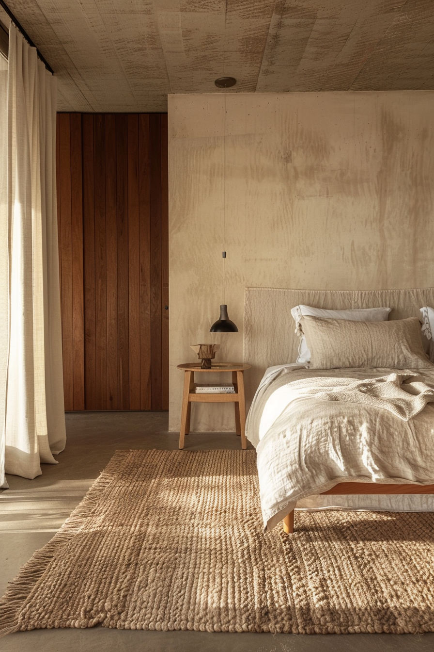 ALT: Cozy bedroom with a wooden bed covered in linen bedding, a textured rug on the floor, wooden furnishing, and soft natural light.