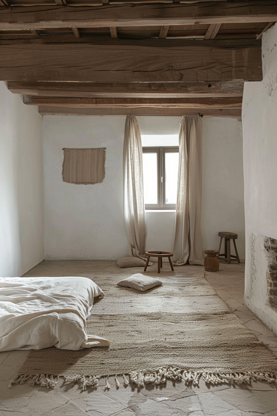 ALT: A minimalist rustic bedroom with white walls, a low mattress on a large woven rug, sheer curtains, and simple wooden stools near a window.