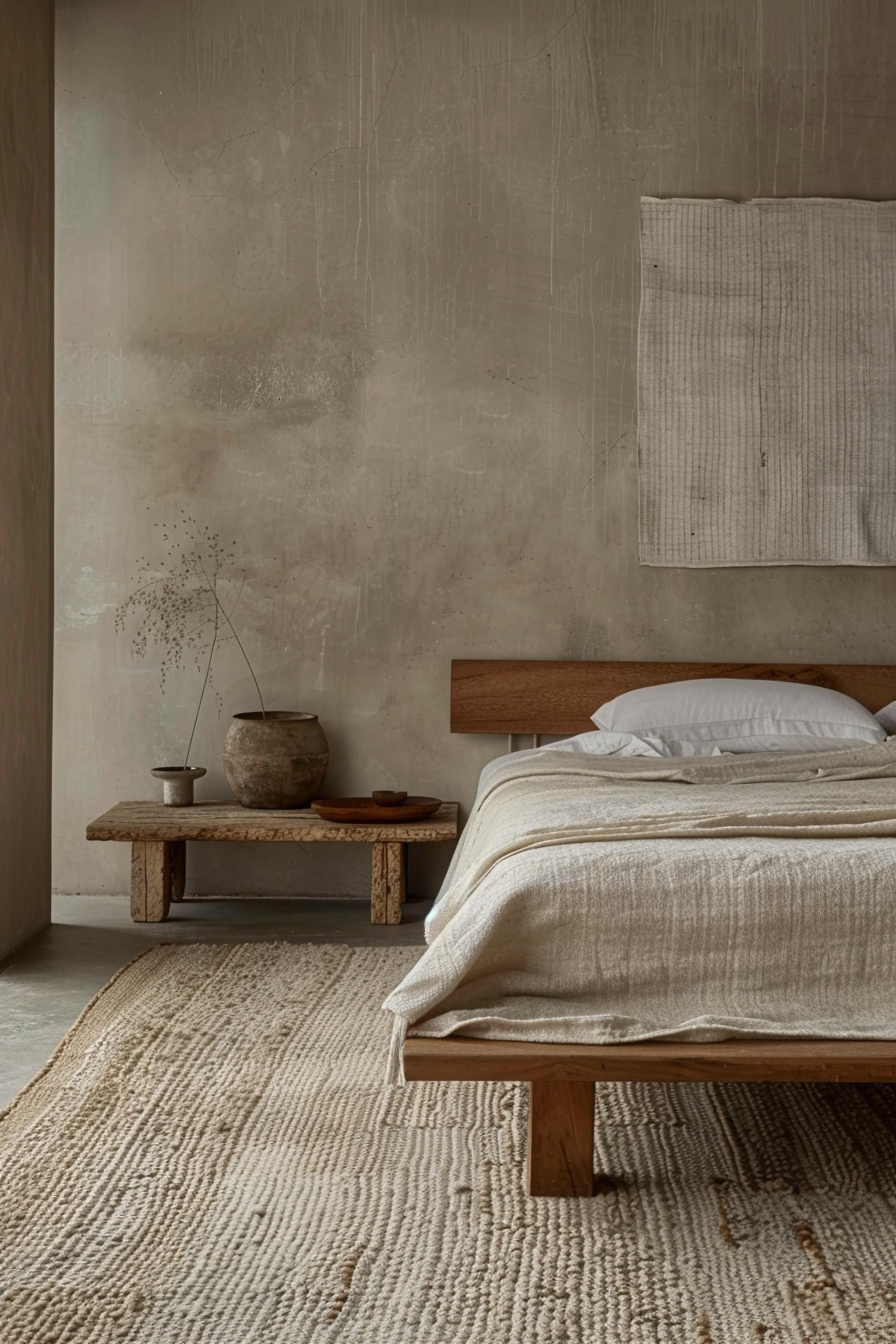 A minimalist bedroom with a wooden bed and side table, textured beige linens, and rustic pottery on a textured rug and concrete walls.