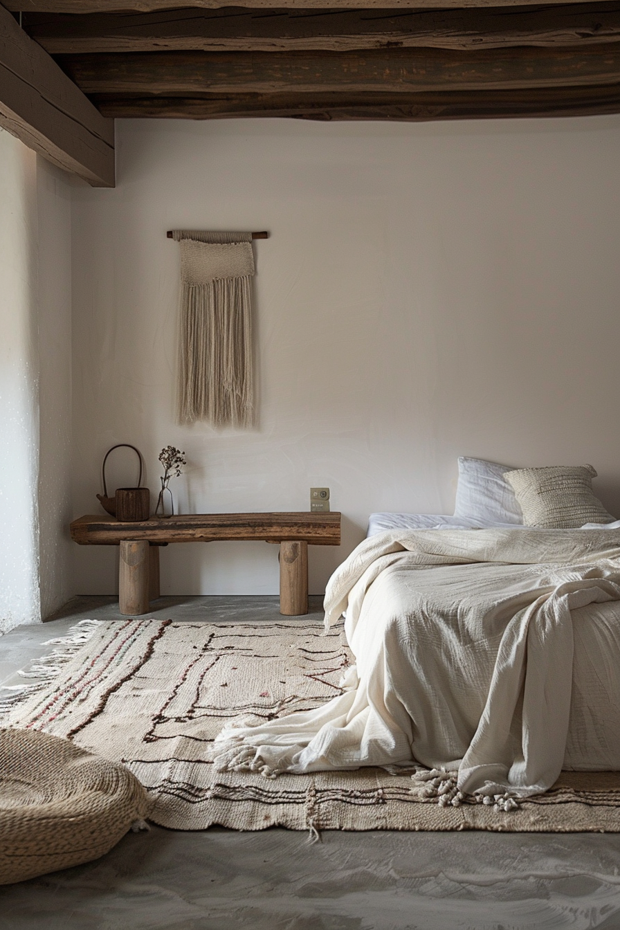 A cozy minimalist bedroom with a rustic wooden bench, textured rug, and a neatly made bed in a room with exposed wooden beams.
