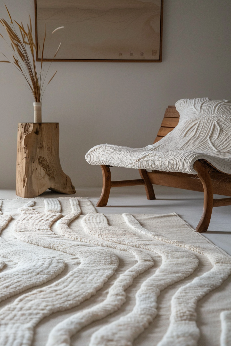 A cozy room corner with a textured white rug in the foreground and a wooden lounge chair with a cream knit throw, next to a rustic stump side table.