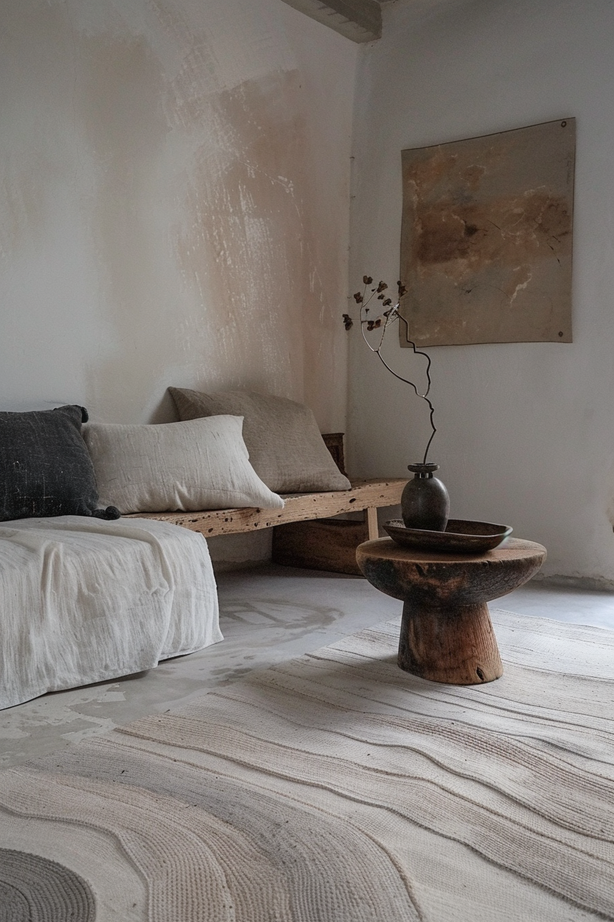 Rustic minimalist interior with a wooden bench, textured pillows, a small artistic vase on a wood table, and neutral toned decor.