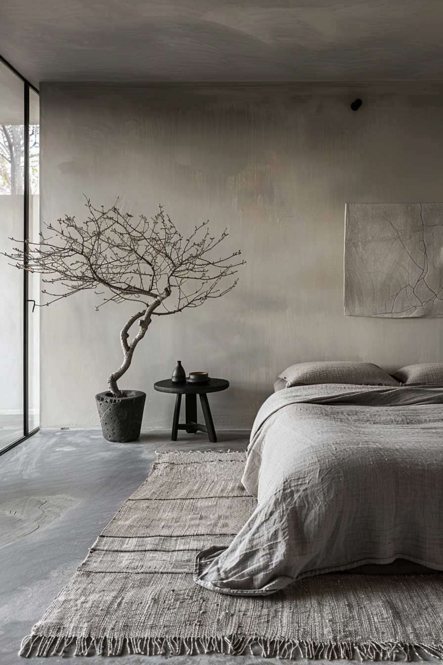 Minimalistic bedroom with a textured gray theme, featuring an unmade bed, a bare-branched tree in a pot, and subtle artwork.