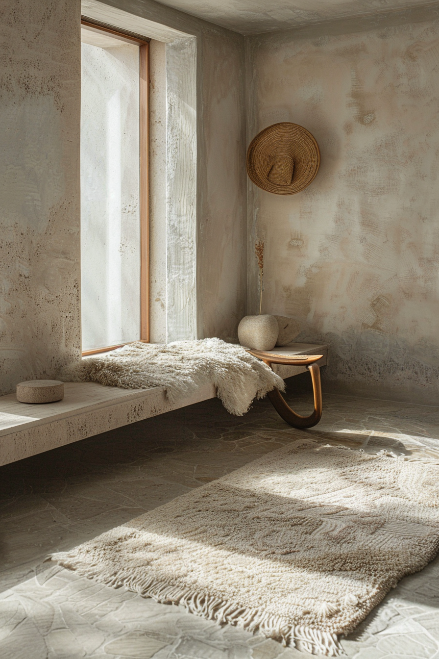 A cozy sunlit corner with a bench, fluffy throw, hat on the wall, round table, and textured rug on a stone floor.