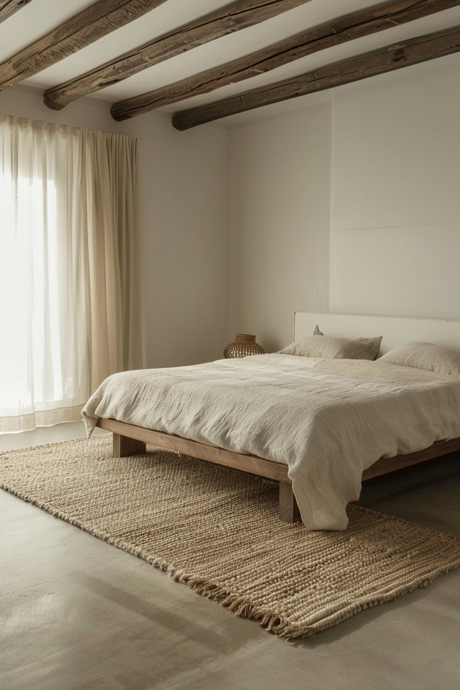 A minimalist bedroom with a wooden bed frame, neutral bedding, jute rug, and exposed ceiling beams, with sheer curtains softly diffusing light.