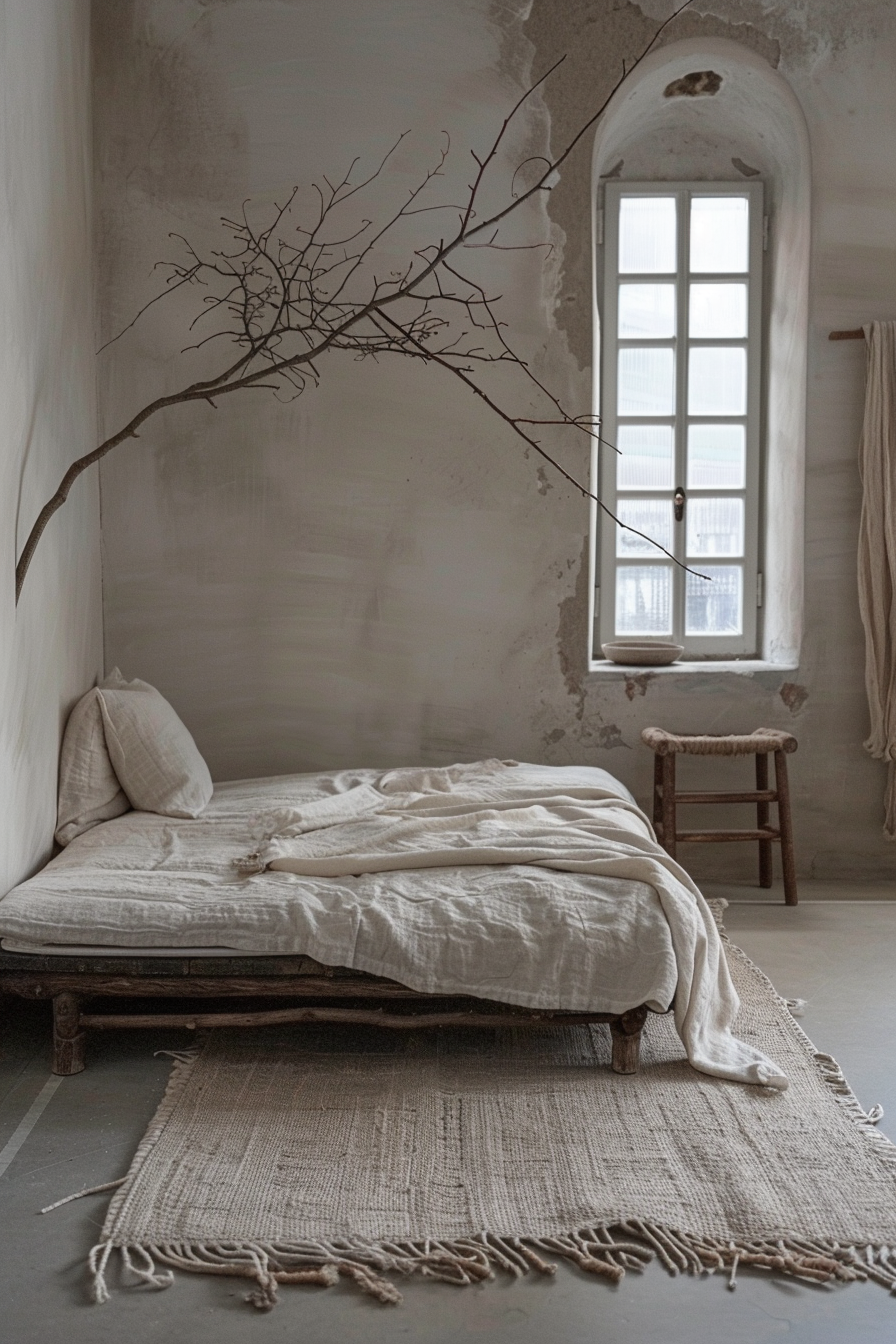 A minimalist bedroom with a rustic wooden bed, white linens, arched window, and a bare branch as decor on a textured wall.