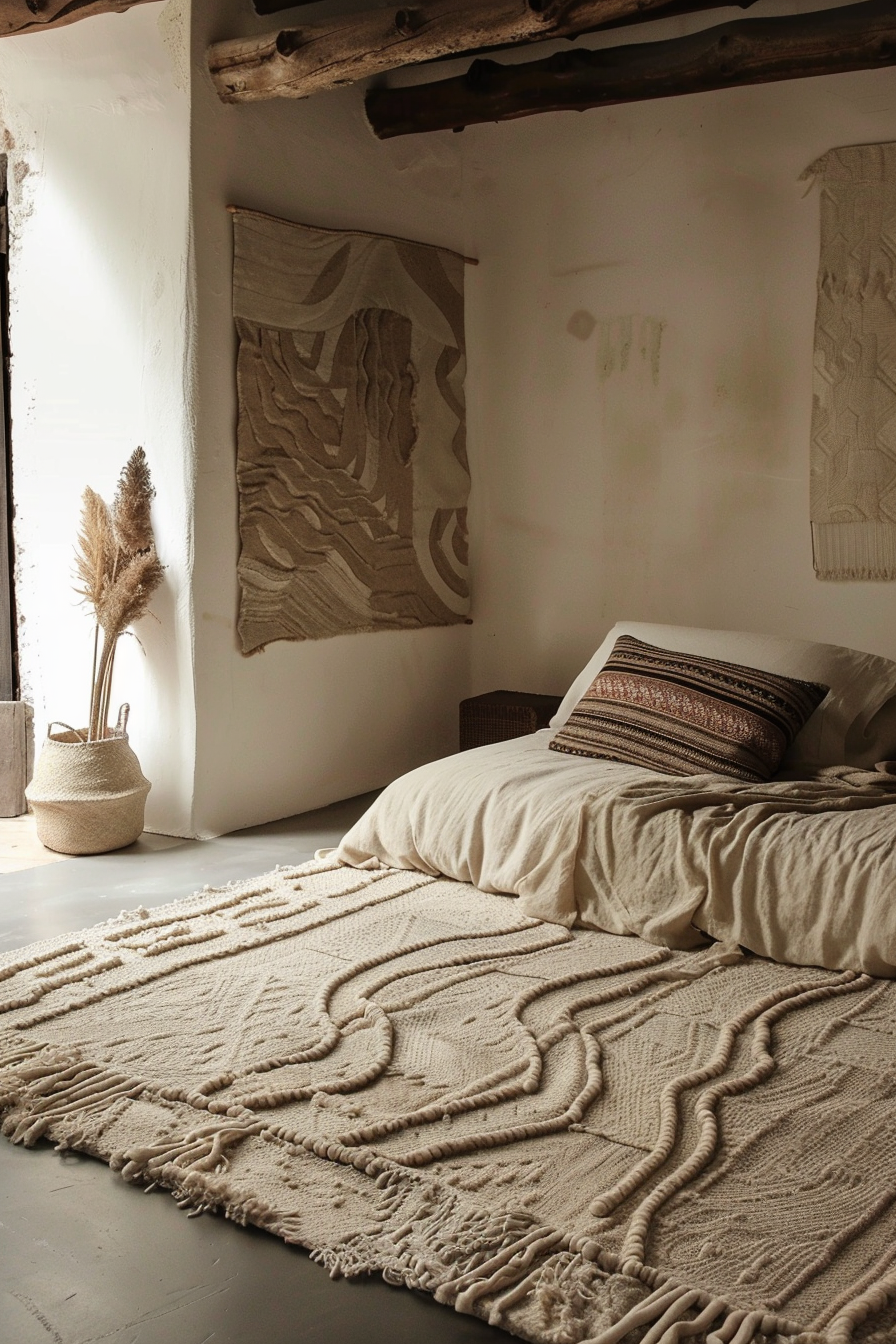 A cozy bedroom corner with a textured rug, linen-covered bed, woven wall art, and dried pampas grass in a basket.